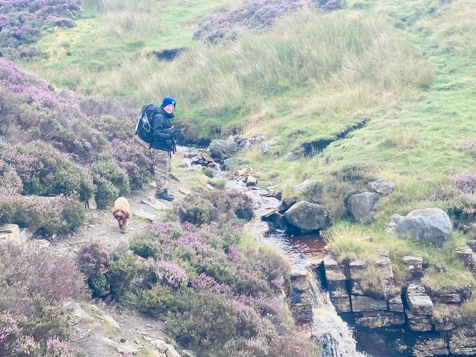 Boy and dog by stream